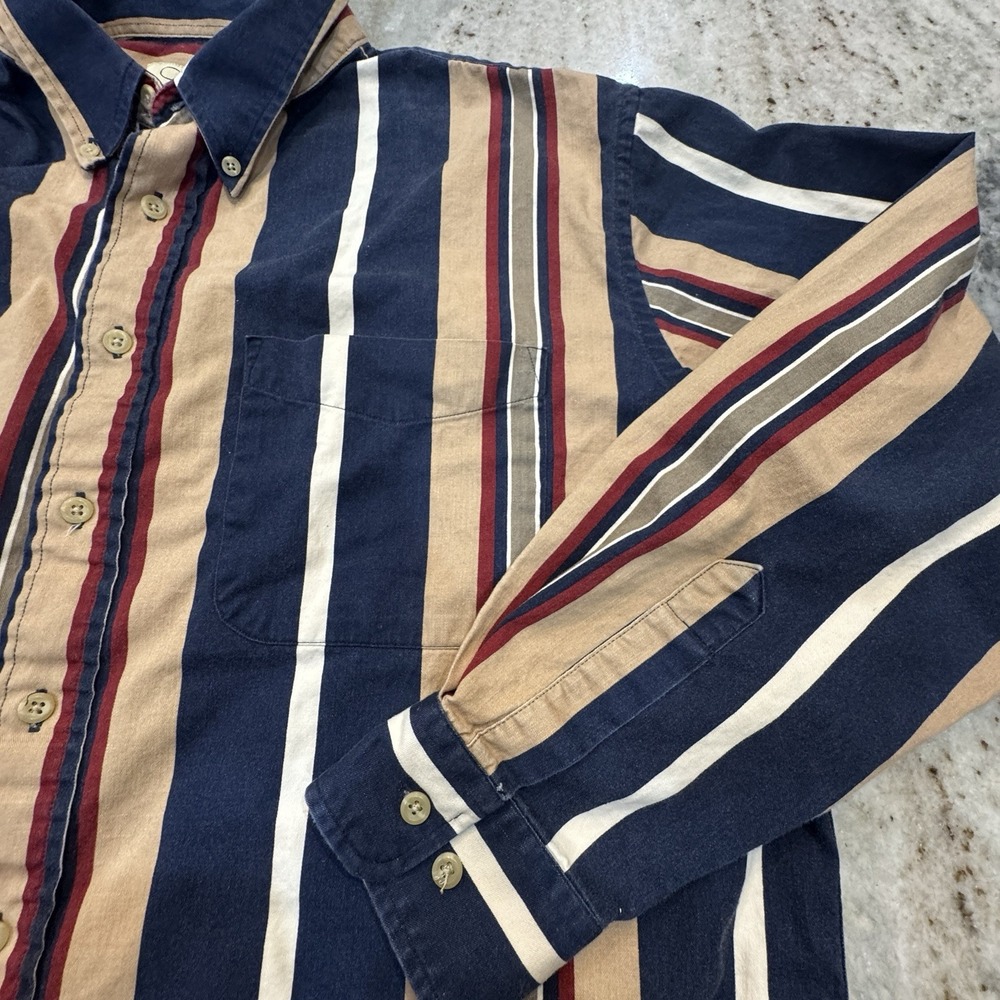 VTG 90s Links Long Sleeve Button Up Vertical Stripe Shirt Tan Navy Classic Sz XL